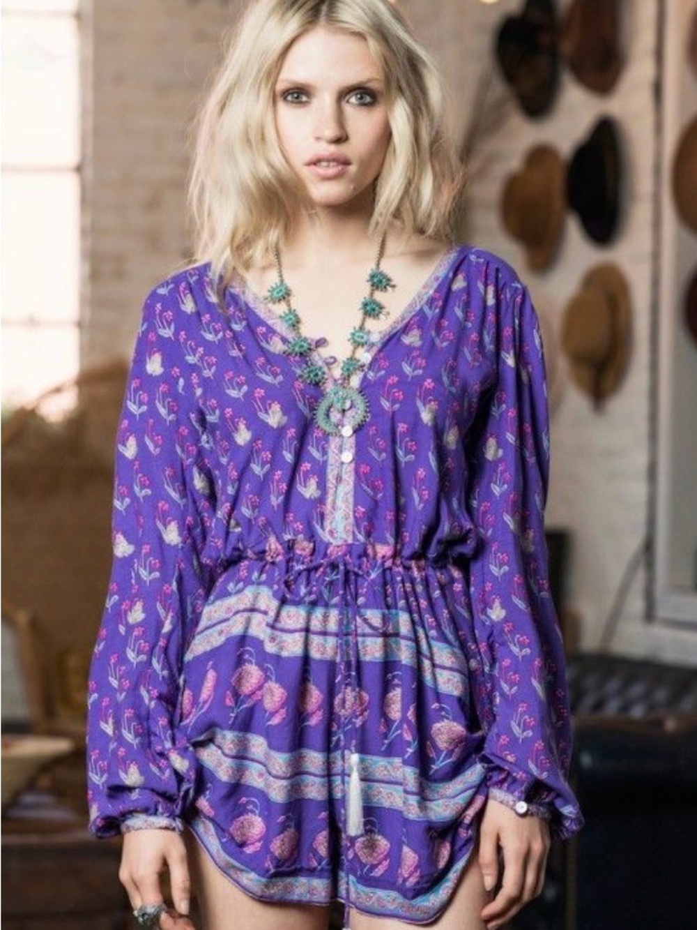 Spell Purple Floral V-Neck Long Sleeve Tunic